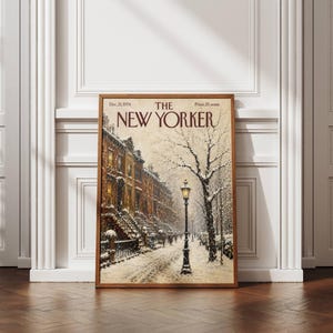 Vintage-inspired New Yorker magazine cover featuring a peaceful snow-covered New York City brownstone street lined with historic townhouses, a glowing black lamppost, bare winter trees, and softly falling snow. Warm impressionist painting with cozy winter atmosphere, printable NYC wall art perfect for living room, bedroom, office, gallery wall, apartment decor, holiday decoration, and travel-inspired interiors.
