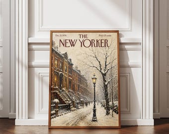 May include: A rectangular wall art print featuring a vintage New Yorker magazine cover from Dec. 21, 1974. The illustration depicts a snowy city street lined with brownstone buildings, a black lamppost, and bare trees under a winter sky.