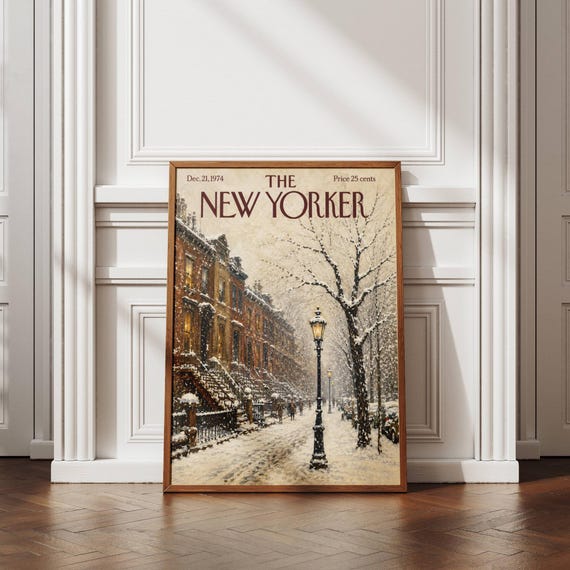 New Yorker Winter Wall Art, Snowy New York Street Print, NYC Brownstone Poster, Vintage Magazine Cover Decor, Printable Cityscape