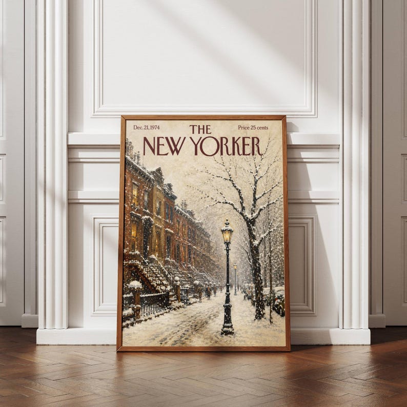 Vintage-inspired New Yorker magazine cover featuring a peaceful snow-covered New York City brownstone street lined with historic townhouses, a glowing black lamppost, bare winter trees, and softly falling snow. Warm impressionist painting with cozy winter atmosphere, printable NYC wall art perfect for living room, bedroom, office, gallery wall, apartment decor, holiday decoration, and travel-inspired interiors.