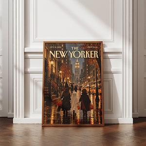 Könnte beinhalten: Ein gerahmter Druck des The New Yorker Magazin-Covers vom 31. Oktober 2024, der eine nächtliche Stadtstraßenszene mit drei Kindern in Halloween-Kostümen zeigt, die auf einen leuchtenden Wolkenkratzer in der Ferne zugehen.