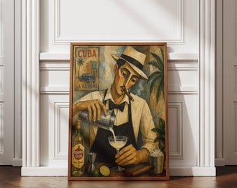 Arte mural de cócteles cubanos, lámina de barman cubano, decoración de bar de La Habana, póster vintage de Cuba, arte de daiquiris, decoración mural caribeña, regalo