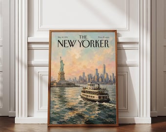 The New Yorker Wall Art, Statue of Liberty Poster, NYC Ferry Print, New York Harbor Art, Vintage NYC Decor, Manhattan Skyline Poster