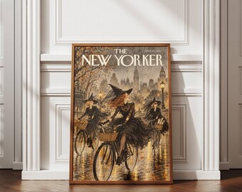 Witchy New York Wall Art, Halloween NYC Poster, Witches on Bicycles Print, Vintage Manhattan Artwork, Autumn Gothic Home Decor