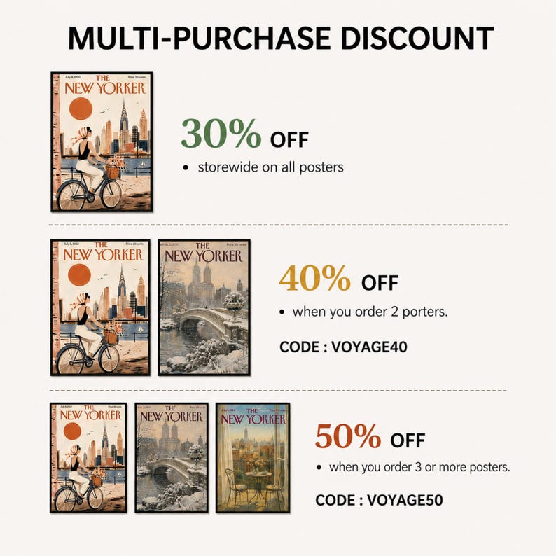 May include: A promotional graphic titled MULTI-PURCHASE DISCOUNT displaying various The New Yorker magazine cover posters. It lists a 30% off storewide discount, 40% off for two posters with code VOYAGE40, and 50% off for three or more posters with code VOYAGE50.