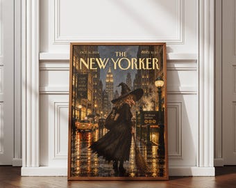 Witchy New York Wall Art, Halloween NYC Poster, Vintage Witch Print, Manhattan Night Artwork, Spooky City Decor, Gothic Fall Gallery