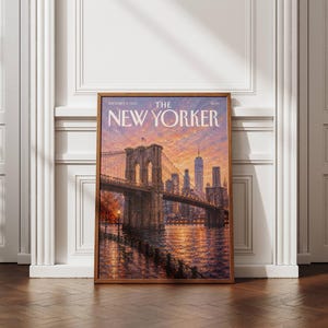 New York wall art featuring the Brooklyn Bridge and Manhattan skyline at sunset in warm peach, orange and lavender tones. The East River reflects the glowing city lights while a waterfront promenade and bench create a peaceful NYC scene. Textured vintage inspired artwork ideal for New York decor, Brooklyn wall art, Manhattan gallery walls, living rooms, bedrooms, offices and travel inspired interiors.