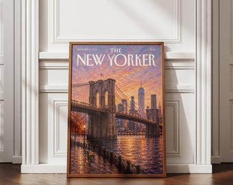 New York Wall Art, Brooklyn Bridge Poster, NYC Skyline Print, Manhattan Wall Art, Vintage New York Poster, Sunset City Decor
