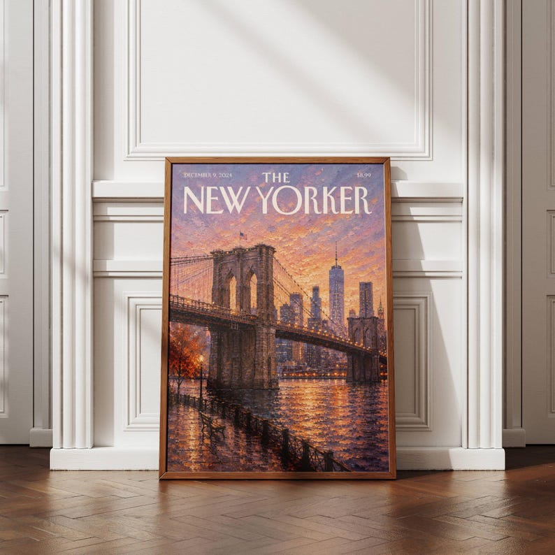 New York wall art featuring the Brooklyn Bridge and Manhattan skyline at sunset in warm peach, orange and lavender tones. The East River reflects the glowing city lights while a waterfront promenade and bench create a peaceful NYC scene. Textured vintage inspired artwork ideal for New York decor, Brooklyn wall art, Manhattan gallery walls, living rooms, bedrooms, offices and travel inspired interiors.