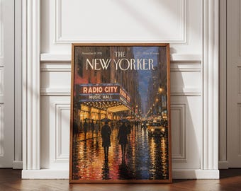 New York Wall Art, Radio City Music Hall Poster, NYC Night Print, Vintage Manhattan Art, Rainy New York Poster, City Wall Decor