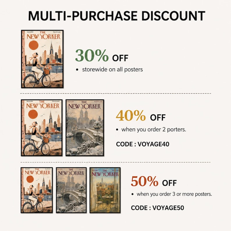 May include: A promotional graphic titled MULTI-PURCHASE DISCOUNT displaying various The New Yorker magazine cover posters. It lists a 30% off storewide discount, 40% off for two posters with code VOYAGE40, and 50% off for three or more posters with code VOYAGE50.