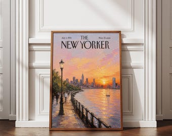New Yorker Sunset Wall Art, NYC Waterfront Print, Empire State Building Poster, Vintage New York Magazine Cover, Printable Cityscape