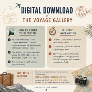 Puede incluir: Un gr&aacute;fico informativo para una descarga digital de The Voyage Gallery. Incluye instrucciones sobre c&oacute;mo pedir e imprimir p&oacute;steres, con detalles sobre archivos de alta resoluci&oacute;n de 300 DPI para impresi&oacute;n en A3 de 29,7 x 42 cm.
