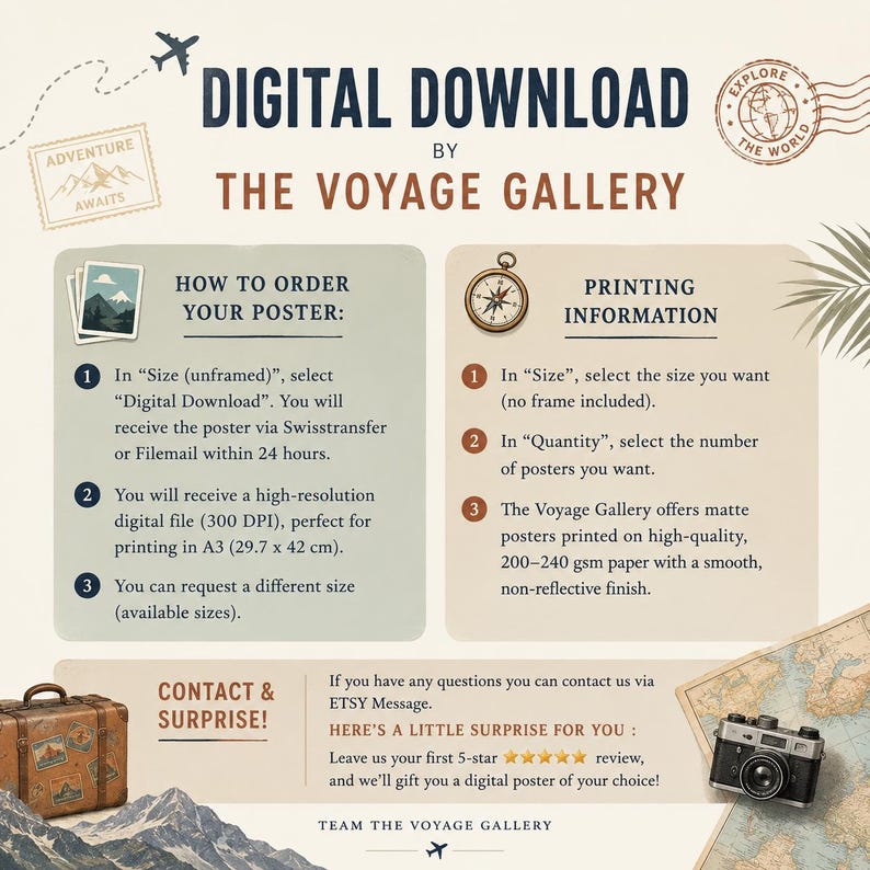 Puede incluir: Un gr&aacute;fico informativo para una descarga digital de The Voyage Gallery. Incluye instrucciones sobre c&oacute;mo pedir e imprimir p&oacute;steres, con detalles sobre archivos de alta resoluci&oacute;n de 300 DPI para impresi&oacute;n en A3 de 29,7 x 42 cm.