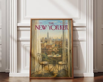 New Yorker Balcony Wall Art, NYC Apartment View Print, Empire State Building Poster, Vintage New York Magazine Cover, Printable Decor