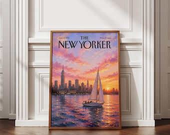 The New Yorker Wall Art, New York Sailboat Poster, NYC Sunset Print, Manhattan Skyline Art, Vintage Nautical Decor, New York Harbor Art
