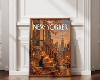 Halloween New York Poster, Pumpkin Wall Art, Black Cat Print, Spooky NYC Decor, Autumn Fall Wall Art, Gothic Halloween Poster