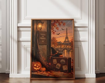 Halloween Travel Wall Art, Paris Halloween Poster, Vintage Paris Print, Trick or Travel Decor, Autumn Wall Art, Parisian Decor