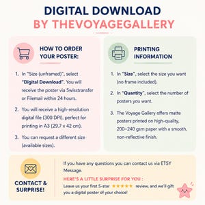 May include: An informational graphic titled DIGITAL DOWNLOAD BY THEVOYAGEGALLERY. It outlines instructions for ordering a digital poster, including selecting sizes, receiving files via Swisstransfer or Filemail, and printing details for A3 29.7 x 42 cm.
