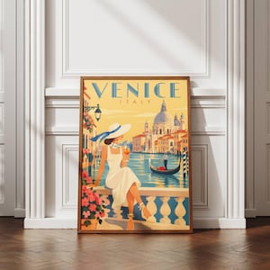 May include: A vintage-style travel poster titled VENICE ITALY featuring a person in a white dress and sun hat holding an orange drink. The scene depicts a canal with a gondola, a domed building, and pink flowers against a yellow sky.