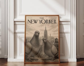 The New Yorker Wall Art, Pigeon New York Poster, NYC Skyline Print, Vintage Bird Art, Manhattan City Decor, Retro New York Wall Art