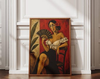 Cuadro de mujer española, lámina de abanico flamenco, retrato mediterráneo, decoración española, arte figurativo moderno, decoración de pared bohemia, regalo