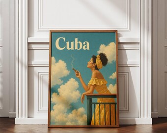 Póster de viaje a Cuba, arte mural cubano vintage, lámina de La Habana, decoración tropical para el hogar, arte caribeño, regalo de inauguración de casa, mujer en el balcón