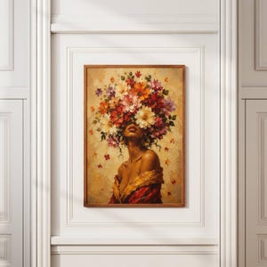 Black woman wall art featuring an elegant female portrait surrounded by a dramatic crown of colorful flowers in red, orange, cream and purple tones. Textured painterly artwork with a warm neutral background and rich botanical details. Perfect as floral woman art, feminine wall decor, African American art, boho portrait, bedroom artwork, living room decor or a colorful statement piece for a modern gallery wall.