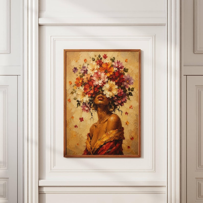 Black woman wall art featuring an elegant female portrait surrounded by a dramatic crown of colorful flowers in red, orange, cream and purple tones. Textured painterly artwork with a warm neutral background and rich botanical details. Perfect as floral woman art, feminine wall decor, African American art, boho portrait, bedroom artwork, living room decor or a colorful statement piece for a modern gallery wall.