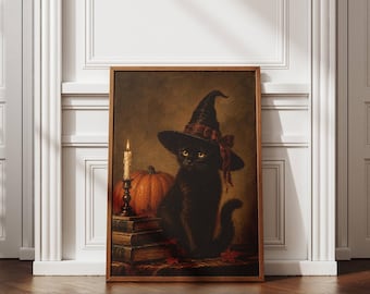 Black Cat Halloween Wall Art, Witchy Cat Print, Vintage Gothic Poster, Spooky Autumn Decor, Black Kitty Artwork, Cozy Halloween Home Art