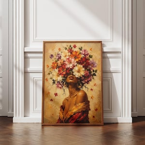 Black woman wall art featuring an elegant female portrait surrounded by a dramatic crown of colorful flowers in red, orange, cream and purple tones. Textured painterly artwork with a warm neutral background and rich botanical details. Perfect as floral woman art, feminine wall decor, African American art, boho portrait, bedroom artwork, living room decor or a colorful statement piece for a modern gallery wall.
