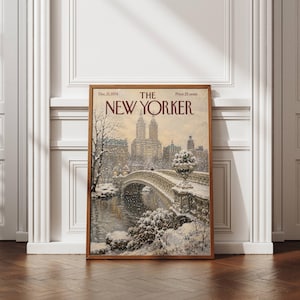 May include: A framed magazine cover print titled The New Yorker dated Dec. 21, 1974, featuring a snowy winter scene of a stone bridge over a pond in Central Park with city buildings in the background, all rendered in a soft, painterly style.