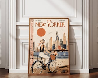 May include: A framed print of a July 18, 1955, The New Yorker magazine cover featuring a person in a black tank top and white pants riding a bicycle with a flower basket along a waterfront with a New York City skyline and a large orange sun.