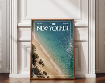 New Yorker Beach Wall Art, Coastal Ocean Print, Aerial Beach Poster, Summer Seascape Decor, Vintage Magazine Cover, Printable Wall Art