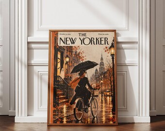 New York Halloween Wall Art, Rainy NYC Autumn Print, Manhattan Travel Poster, Fall Cityscape Decor, Cozy Urban Artwork, Spooky Season