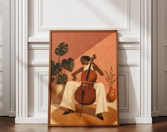 Cuadro decorativo de violonchelista, lámina musical de mujer negra, póster de música femenina, arte mural de mediados de siglo, decoración inspirada en el jazz, obra de arte para sala de música.