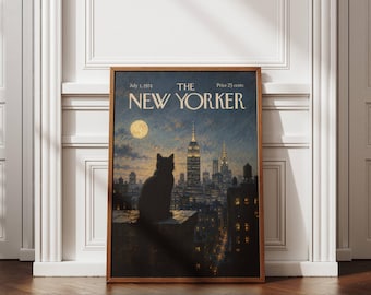May include: A framed print of a New Yorker magazine cover dated July 1, 1974, featuring a silhouette of a cat sitting on a rooftop overlooking a moonlit New York City skyline with the text THE NEW YORKER, July 1, 1974, and Price 25 cents.