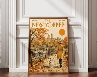 Central Park Fall Poster, New York Wall Art, NYC Autumn Print, Vintage New York Poster, Manhattan Decor, Dog Walking Art, Fall Decor