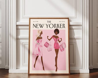 New York Wall Art, Pink Vintage Magazine Poster, Stylish Women Print, Shopping Illustration, Retro Editorial Decor, Girly Bedroom Art, Chic