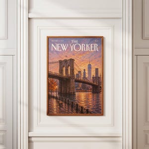 New York wall art featuring the Brooklyn Bridge and Manhattan skyline at sunset in warm peach, orange and lavender tones. The East River reflects the glowing city lights while a waterfront promenade and bench create a peaceful NYC scene. Textured vintage inspired artwork ideal for New York decor, Brooklyn wall art, Manhattan gallery walls, living rooms, bedrooms, offices and travel inspired interiors.