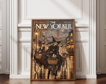 San Francisco Halloween Poster, Witch Bicycle Wall Art, Golden Gate Bridge Print, Spooky Witch Decor, Vintage SF Poster