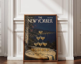New Yorker Style Print, Champagne Glasses at Night, Elegant Coastal Landscape Artwork, Luxury Dining Room Bar Decor, Sophisticated Gift