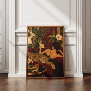 Leopardtryck, affisch med kvinna som läser, väggdekor med mörk akademi, art déco-inspirerat konstverk