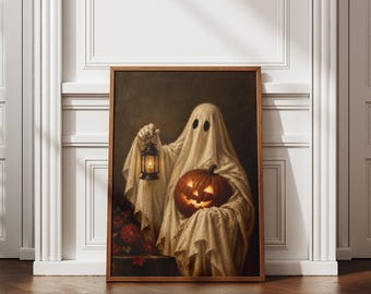 Vintage Halloween Ghost Wall Art, Gothic Pumpkin Print, Antique Haunted House Decor, Spooky Fall Artwork, Dark Academia Poster