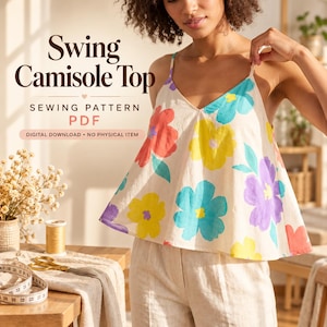 Könnte beinhalten: Ein PDF-Schnittmuster für ein ausgestelltes Camisole-Top aus cremefarbenem Stoff mit einem floralen Druck in Rot, Gelb, Blau und Violett. Der Text lautet Swing Camisole Top, Sewing Pattern, PDF, Digital Download.