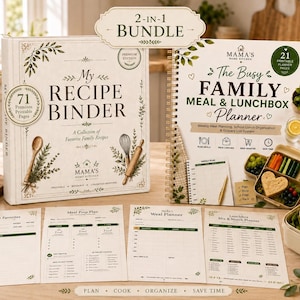 以下が含まれることがあります： 「My Recipe Binder」と題された白いレシピバインダーと、スパイラル綴じの「Busy Family Meal & Lunchbox Planner」の2-in-1セット。手前には4枚のプランナーシートと、ハート型の食品が入った弁当箱が並んでいます。