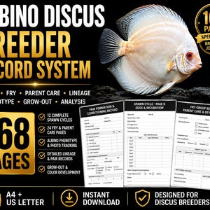 May include: An Albino Discus Breeder Record System journal with 168 pages. The cover features a white discus fish, gold text, and three sample pages showing forms for spawn cycles, egg incubation, and fry development. Includes PDF download options.