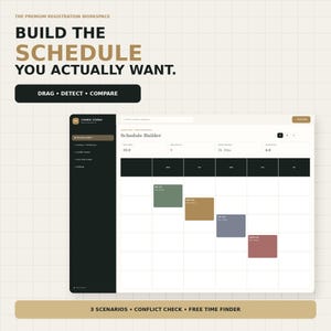 Op de afbeelding: Een digitale interface voor een roosterplanner genaamd The Premium Registration Workspace. Het scherm toont een wekelijks kalenderraster met gekleurde blokken die cursussen vertegenwoordigen, naast de tekst Build The Schedule You Actually Want.