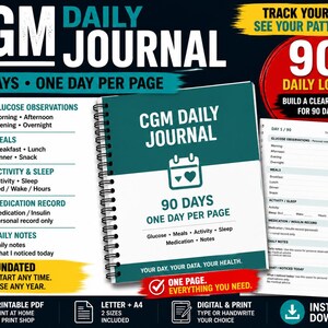 Op de afbeelding: Een spiraalgebonden CGM-dagboek met een blauwgroene en witte kaft, voorzien van een kalenderpictogram, de tekst 90 DAYS ONE DAY PER PAGE en secties voor glucose, maaltijden, activiteit, slaap, medicatie en notities. Inclusief een voorbeeldpagina.