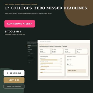 May include: A digital interface for the Admissions Atelier app, featuring a dark background with white text stating 12 COLLEGES. ZERO MISSED DEADLINES. The dashboard displays a college application command center with progress bars, school lists, and deadlines.